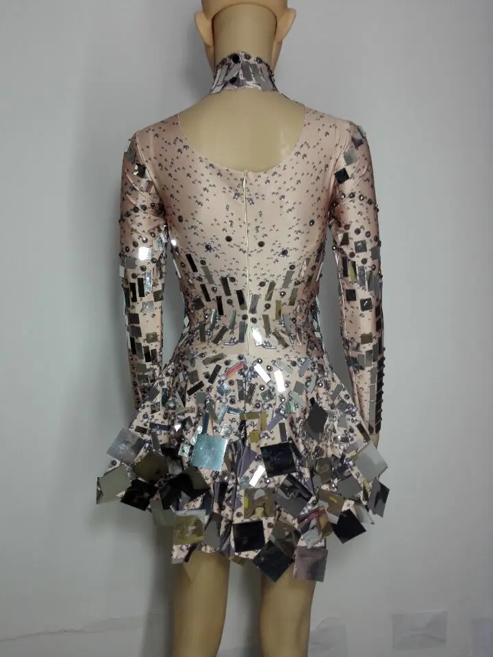 

Silver Sequins Crystals Short Dress Bright Mirrors Long Sleeve Mini Dress Singer Nightclub Bar Show DJ Jazz Performance Costume