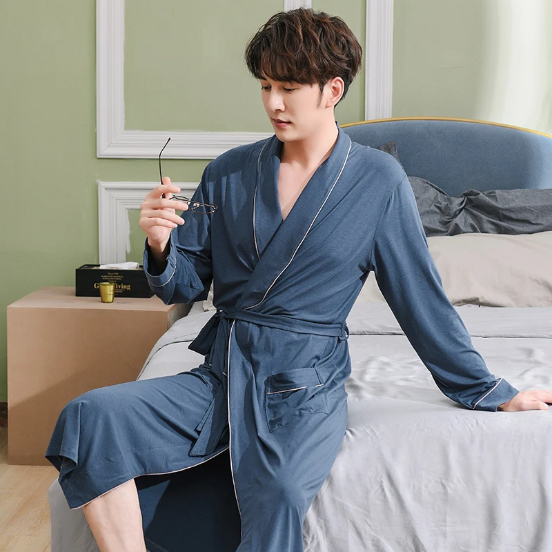Модальный хлопок халат для мужчин Демисезонный ночная рубашка кимоно халаты