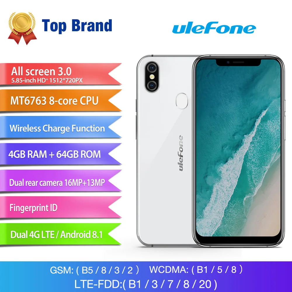 Ulefone X Android 8.1 5.85&quot HD+ Smartphone MT6763 Octa Core 4GB+64GB 16MP Dual Rear Cam 3300mAh Wireless Charge Phone | Мобильные