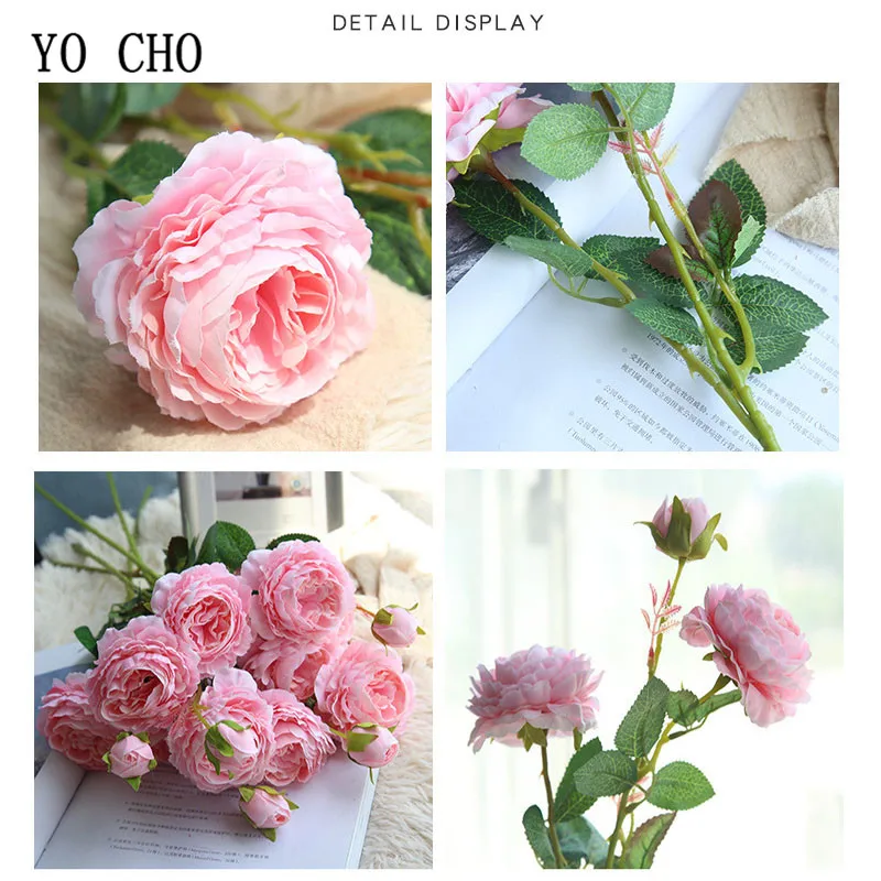 YO CHO 60cm White Peonies Artificial Flower Peony Silk Bouquet for Wedding Home Decoration 3 Heads Rose | Дом и сад