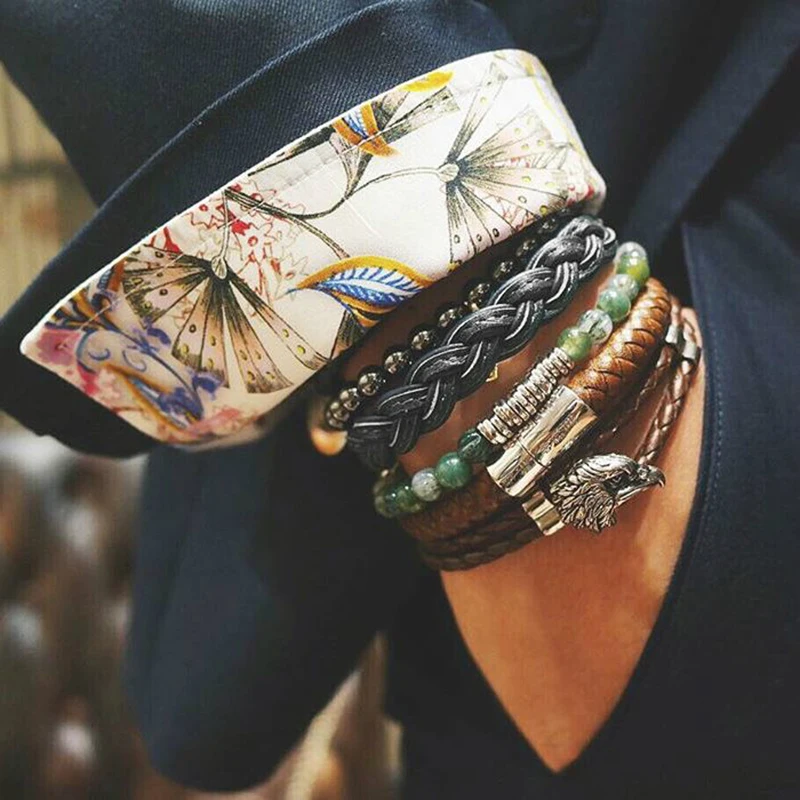 Браслет мужской кожаный модный черный Плетеный из нержавеющей стали | Украшения