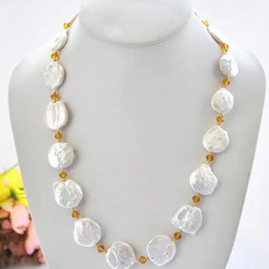 huij 0033053 22mm white baroque coin freshwater pearl faceted citrine necklace | Украшения и аксессуары
