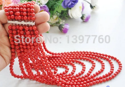 Miss charm Jew.179 Настоящее 8-рядное 16 &quot~ 22&quot 5-6 мм круглое красное Коралловое ожерелье