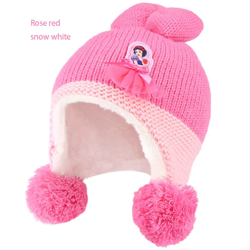Rose Red Snow Детские шапки с Микки Дисней, осенние и зимние шерстяные шапки с добавлением шерсти, теплые детские пуловеры, детские вязаные шапки - Цвет: Rose Red Snow