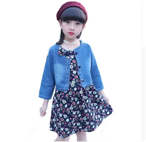 Комплекты детской одежды для девочек платье с принтом и джинсовые пальто костюмы