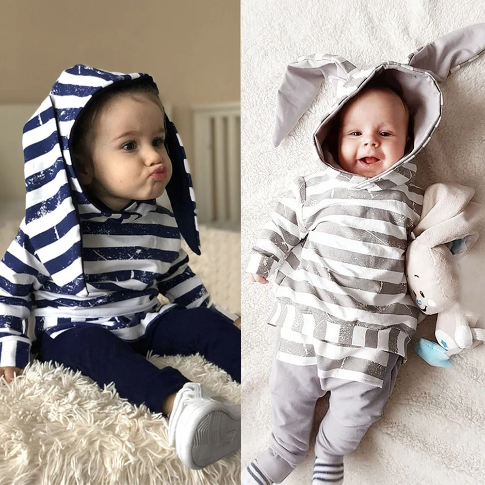 Fashion Infant Unisex Baby Boys Girls Long Sleeve Striped Animal Print Tops+ Pants Cotton Blend Outfits Clothes | Детская одежда и