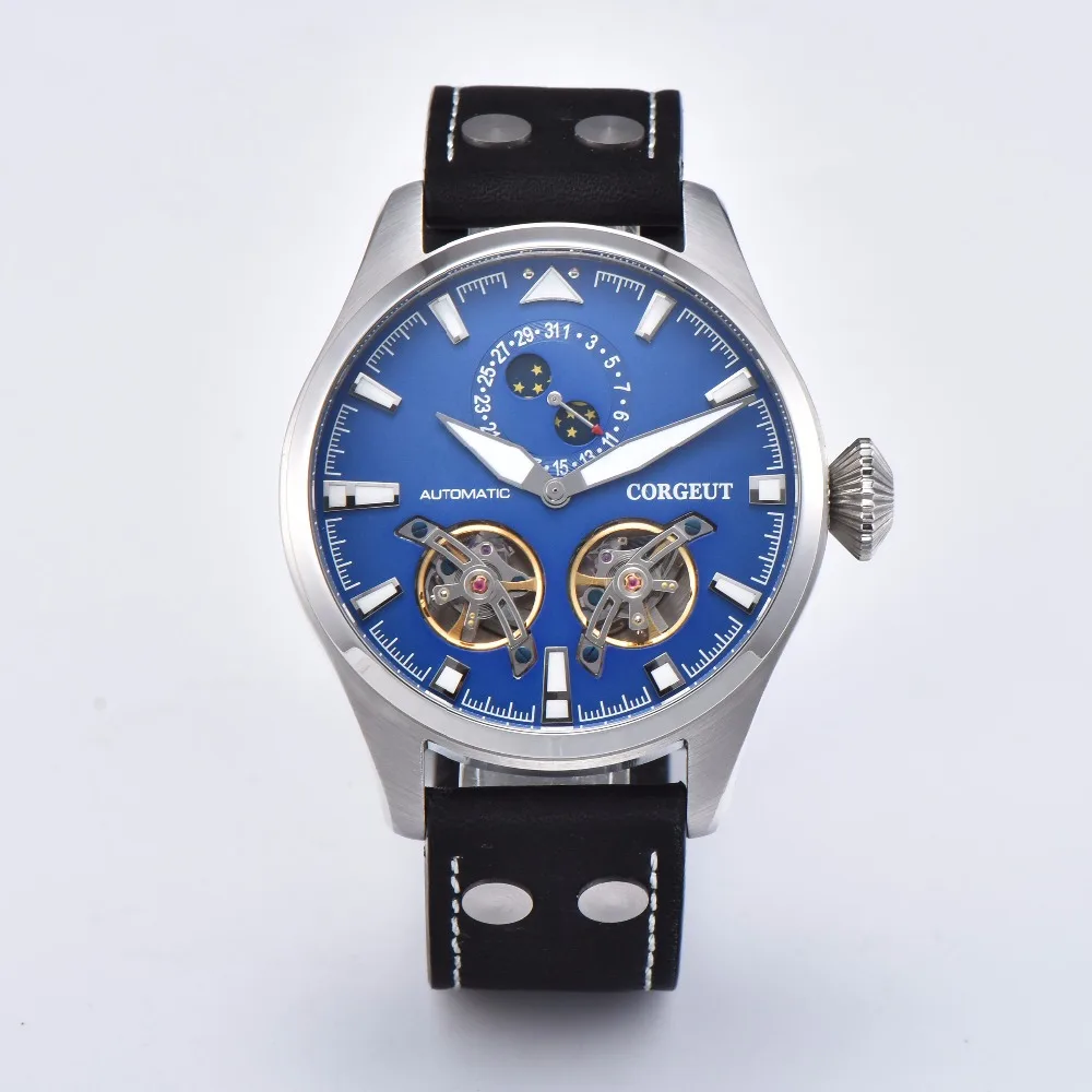 Corgeut 47 мм Чехол Мужские часы Скелет автоматические часы PVD запас хода Tourbillon Мужские механические часы мужские часы подарок