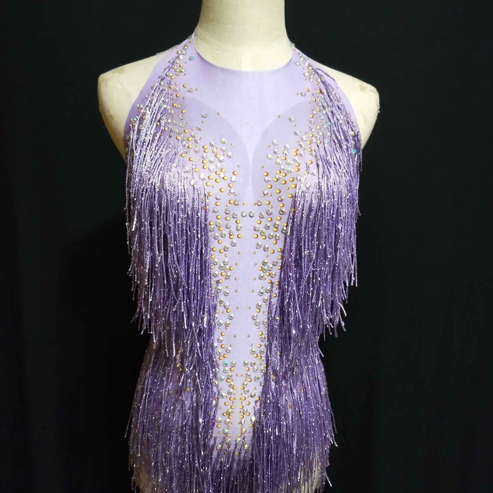 Shining Rhinestones Purple Red Tassels Bodysuit Female Costume Sexy Backless Stretch Bodysuits Bar DJ Singer Performance Outfit