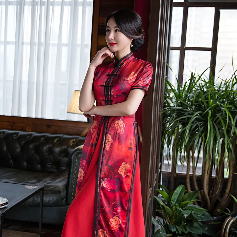 Лидер продаж Красное длинное платье Ципао Cheongsams два предмета китайское