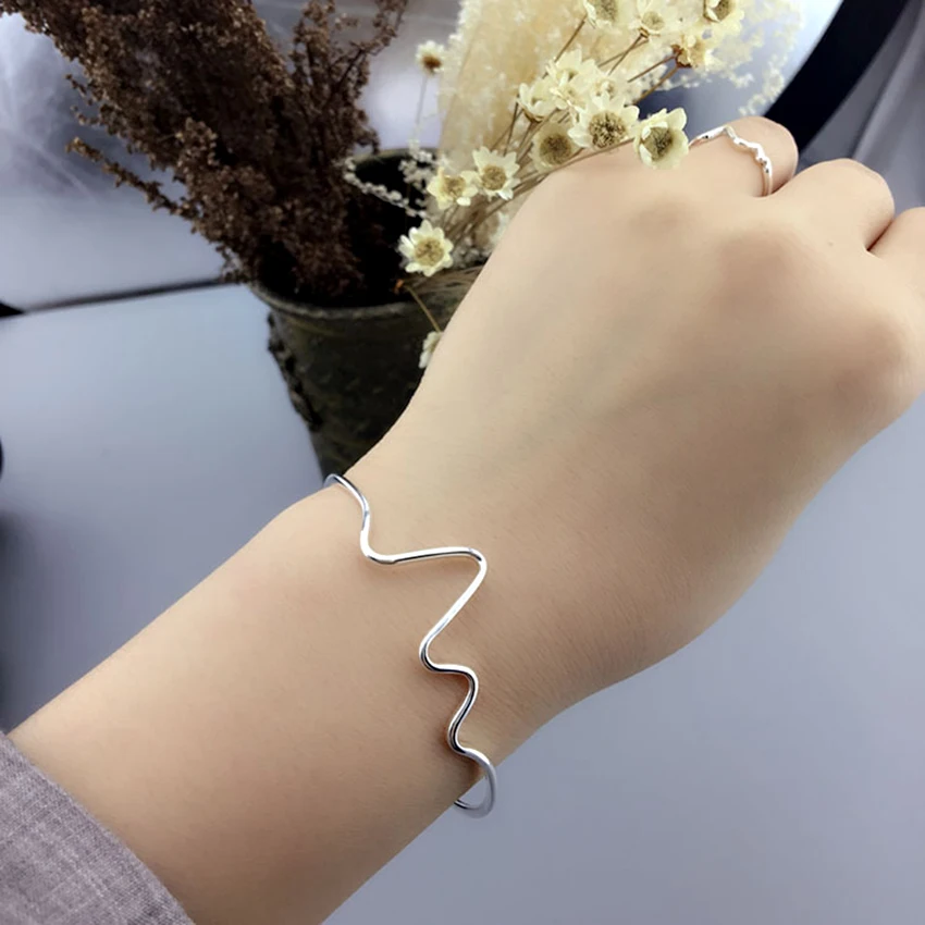 Kinitial Love ECG Heartbeat Bracelets &amp Bangles Charm Lightning Bangle Wrist Cuff for Women Fashion 925 Silver Jewelry | Украшения и