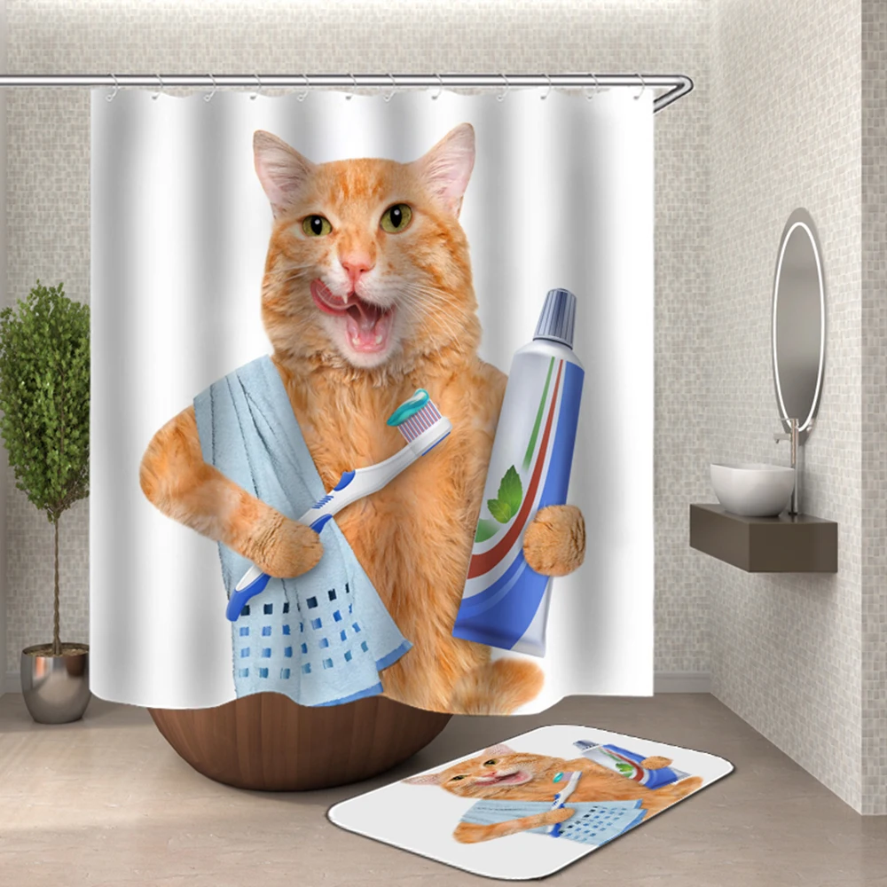 Cat Shower Curtain Bathroom Waterproof Fabric Poyester Bath Cute Pet Door | Дом и сад