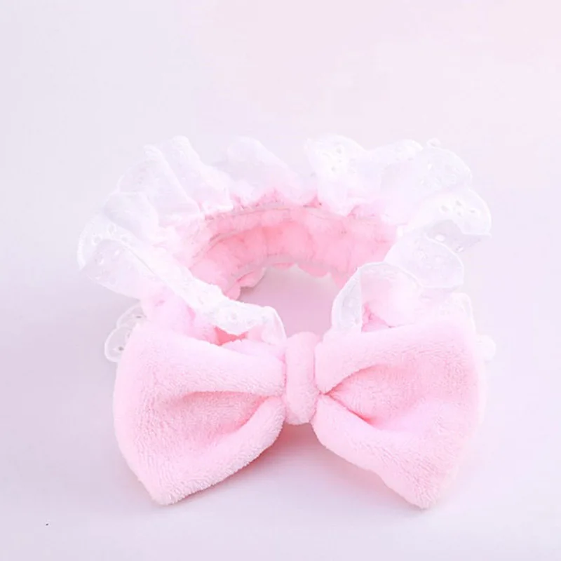 pink lace Осенне-зимняя женская повязка на голову в Корейском стиле с бантиком из мягкого кораллового флиса, тюрбан-повязка для волос, аксессуары для волос для девочек - Цвет: pink lace