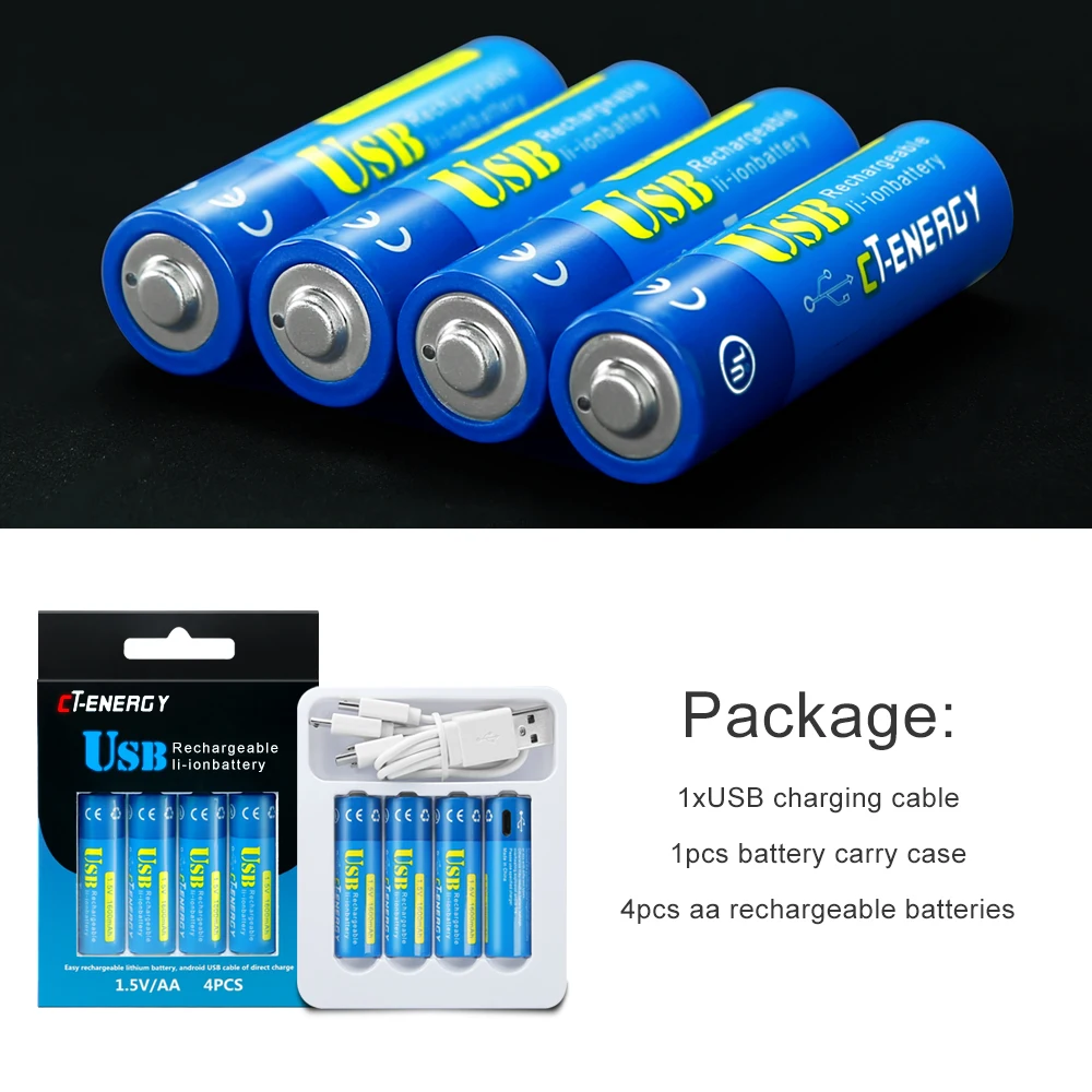 CT ENERGY AA 1,5 V 1600mAh батарея 4 шт USB быстрая зарядка перезаряжаемая литий-полимерная батарея заряжается от кабеля Micro USB