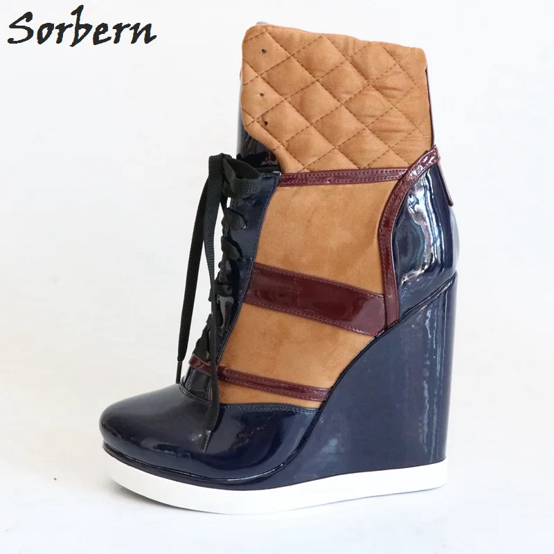 Navy Brown Sorbern/ботильоны на танкетке и высоком каблуке; зимняя обувь на шнуровке с круглым носком; женские короткие ботинки с плюшевой подкладкой в стиле пэчворк; размер 43 - Цвет: Navy Brown