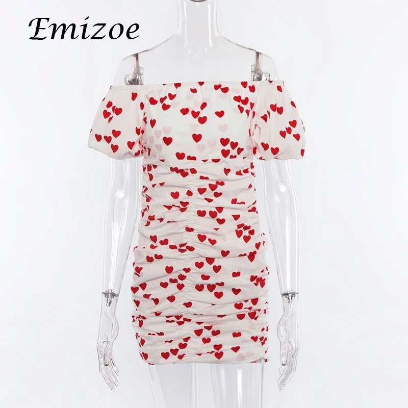 Женское платье с открытыми плечами Emizoe летнее Мини Платье принтом в форме сердца