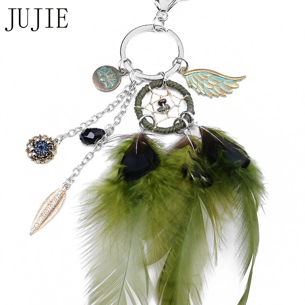

JUJIE Natural Stone Feather Key Chains For Women 2017 Fashion Silver Color Dreamcatcher Car Keyring Boho Jewelry Handmade Gifts