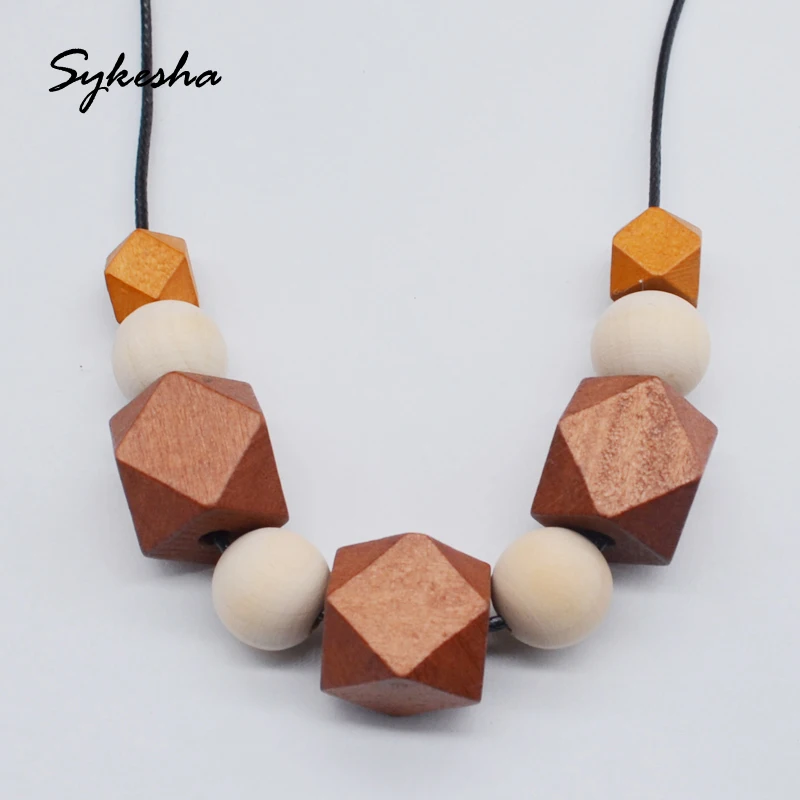 

Geometric Wood Beaded Necklace Painted Chunky Wooden Beads Ball Chunky Wax String Cord Brown Blocks Statement Necklace