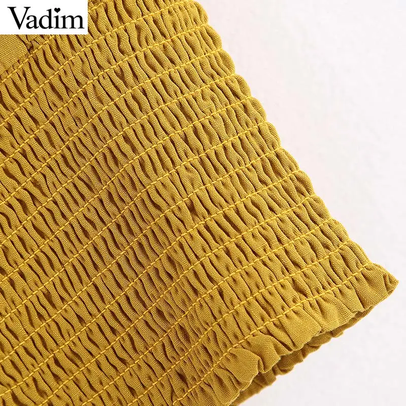Vadim women sweet V neck yellow tops short sleeve solid elastic pleated blouse female casual cute summer shirt blusas DA548 |