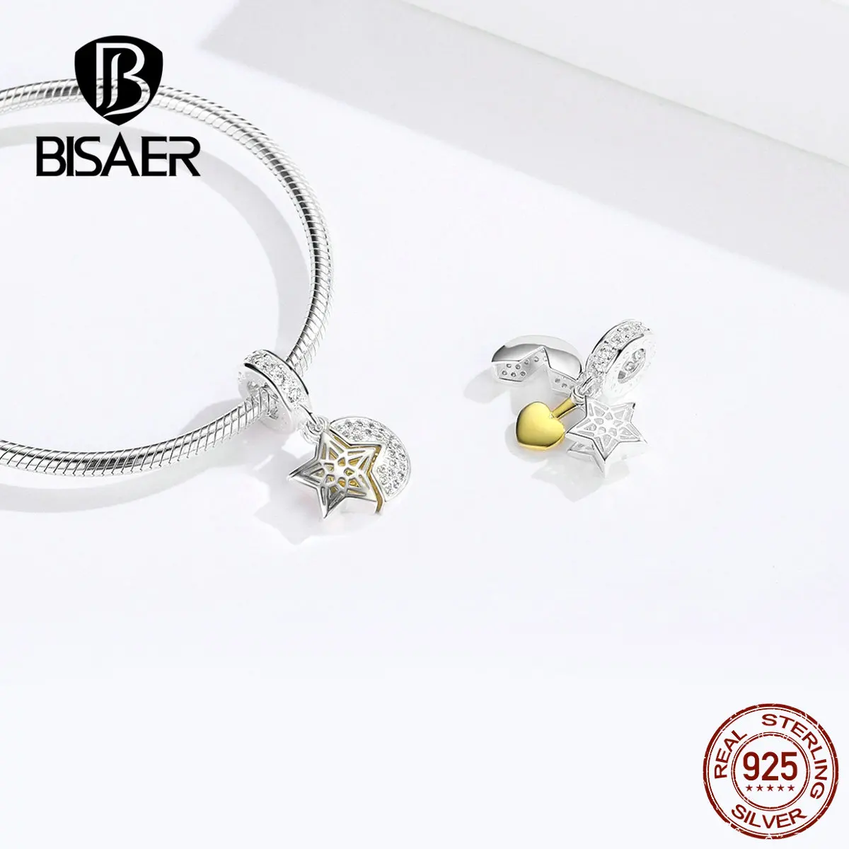 BISAER 925 пробы серебряный кулон любовь в ночь луна и звезда талисманы подходят для женщин браслеты серебро 925 ювелирные изделия EFC098