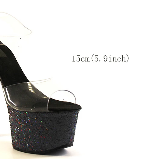 black 15cm Туфли-лодочки на платформе; босоножки из ПВХ на очень высоком каблуке-шпильке с блестками и ремешком на щиколотке; обувь для стриптиза в готическом стиле; Женская Блестящая прозрачная обувь черного цвета - Цвет: black 15cm