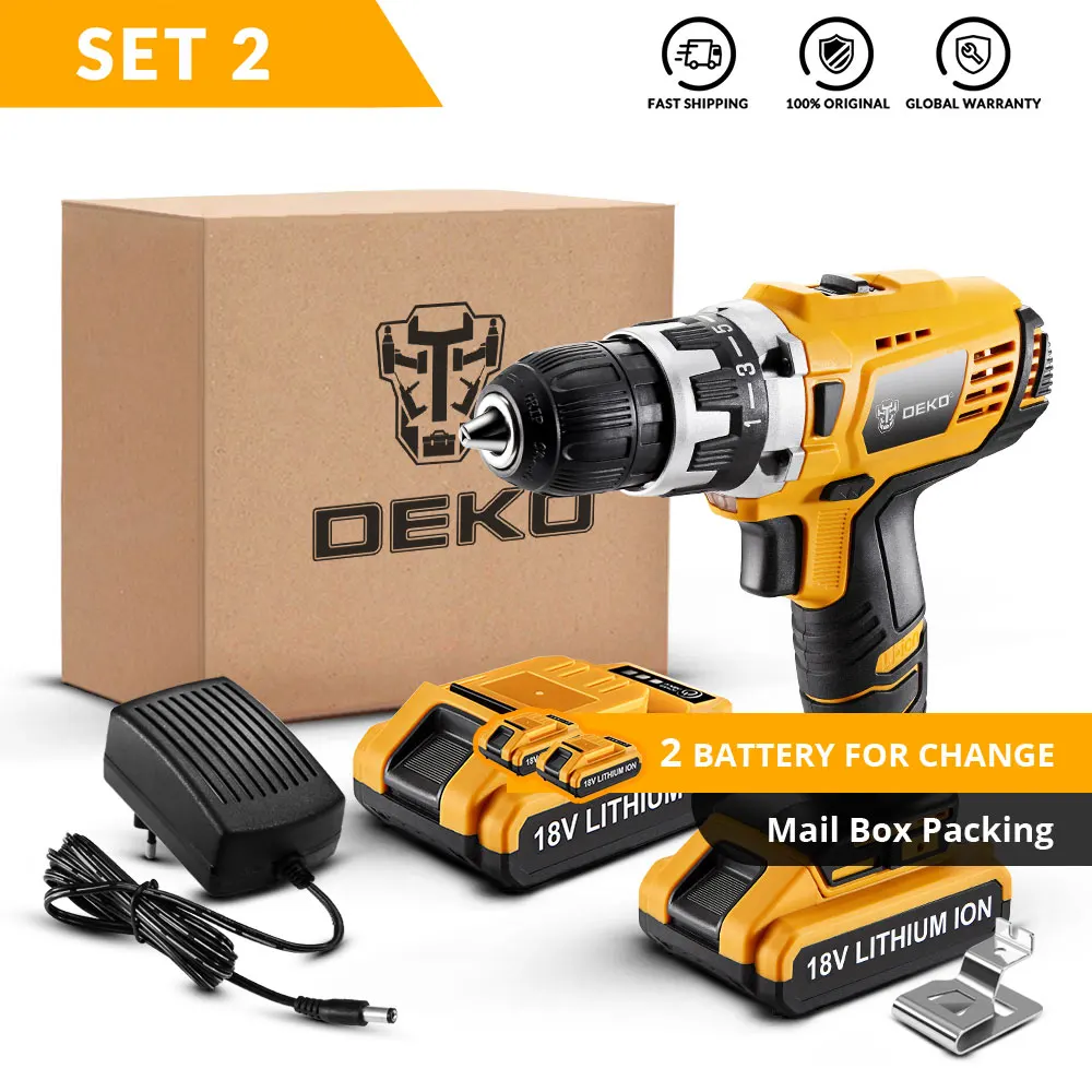 SET2 DEKO GCD18DU2 18 в Аккумуляторная дрель электрическая отвертка литий-ионный мини-драйвер с переменной скоростью 15+ 1(максимальный крутящий момент) настройки - Цвет: SET2