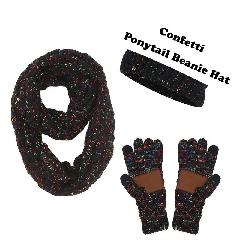 A-Confetti-Black Ponytail Beanie Women Scarf Hat Glove Sets Knitted Winter Cap Warm Skullies Beanies Woolen Hats Casual Female Slouchy Knit Caps - Color: A-Confetti-Black