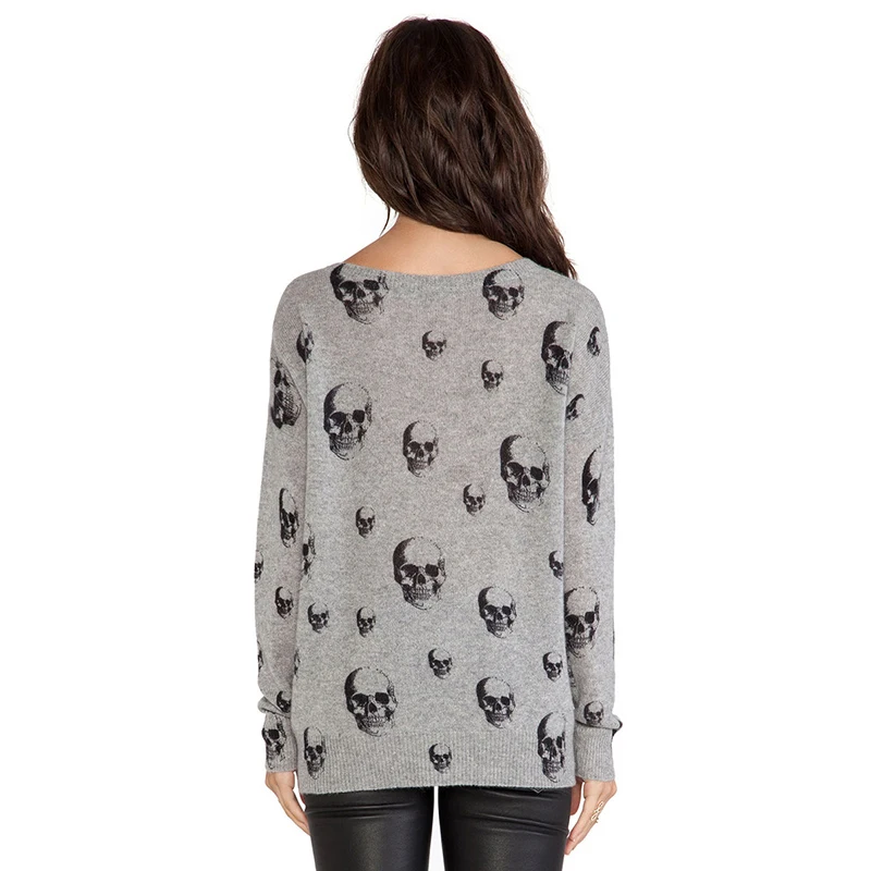 Hodoyi Women Fashion Halloween Long Sleeve Sweater Chic Print Solid Grey Skull Pattern O-neck Skeleton Cuff Hem Knitted | Женская одежда