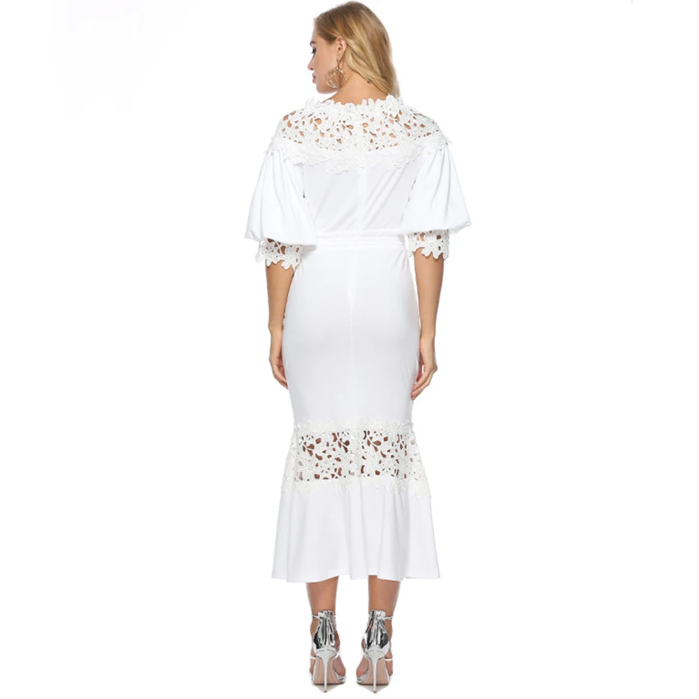 

Dower Me Elegant White Lace Dress Slash Neck Lantern Sleeve Sheath Bodycon Vestidos Autumn Party Hollow out Wrap Dress Sashes