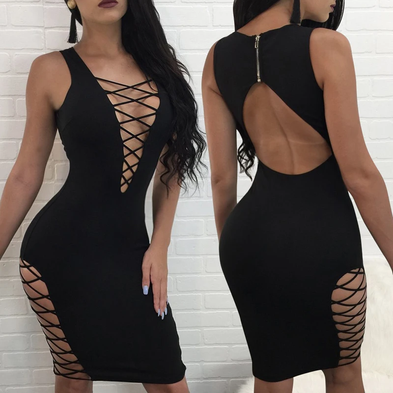 2018 Women Dress V Neck Solid Sexy Lace Up Straight Robe Femme Fashion Summer Party | Женская одежда