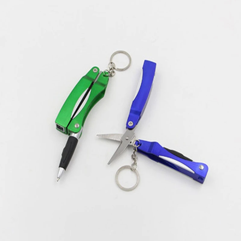 50pcs/lot Mini Keychain Led flashlight Scissors cutter with ballpoint pen Protable Keyring Key chain torch ballpen | Освещение