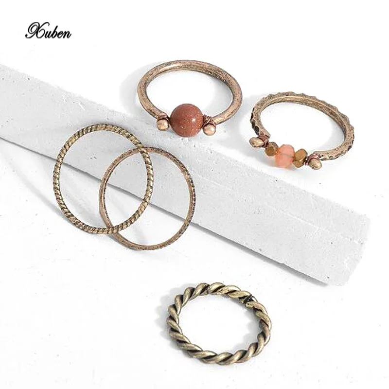 

Xuben Bohemia ring set 5pc free retro personality string natural stone combination ring female