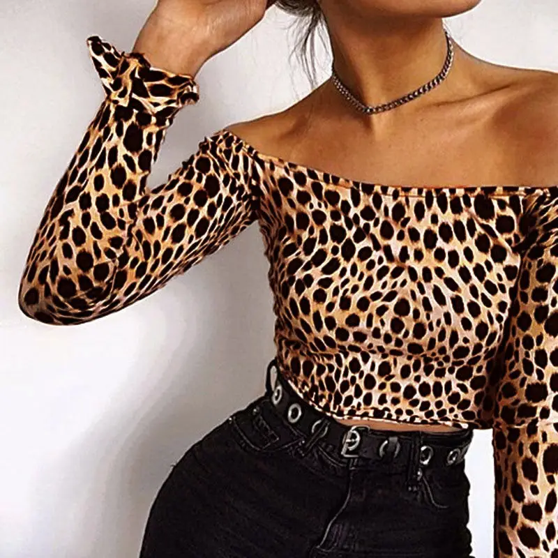

Women Blouse Shirt Long Sleeve Leopard Tops Elegant Off Shoulder Tees Sexy Autumn Crop Top Ladies Casual Slim Blusas