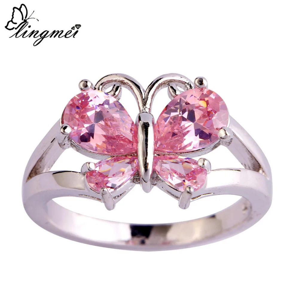 Lingmei сладкий Новинки для женщин Бабочка Дизайн Jewelry Novelt Розовый Мода Серебряный