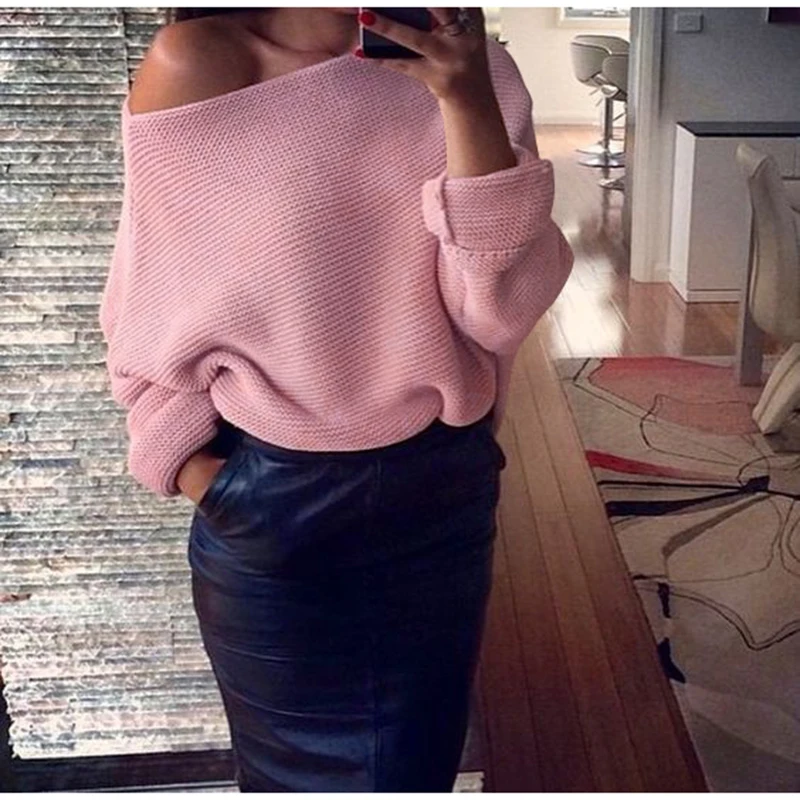 Модный Повседневный пуловер с открытыми плечами и рукавами летучая мышь размера