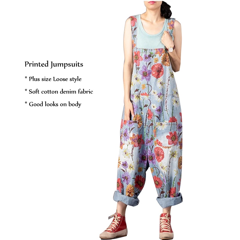 Printed Jumpsuits Female Vintage Floral Overalls Drop-Crotch Pants Loose Denim Jumpsuits
