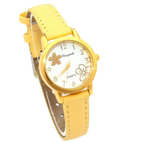 Женские кварцевые часы, с белым циферблатом и цветами, U55, желтый браслет с кожей
