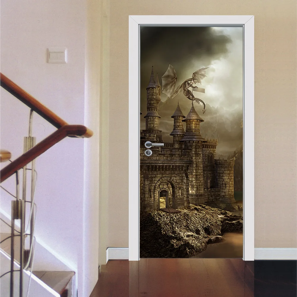 

3D Dragon Flying On Retro Europeon Castle Door Stickers For Living Room Bedroom Corridor Vinyl Adhesive Wallpaper Gifts For kids