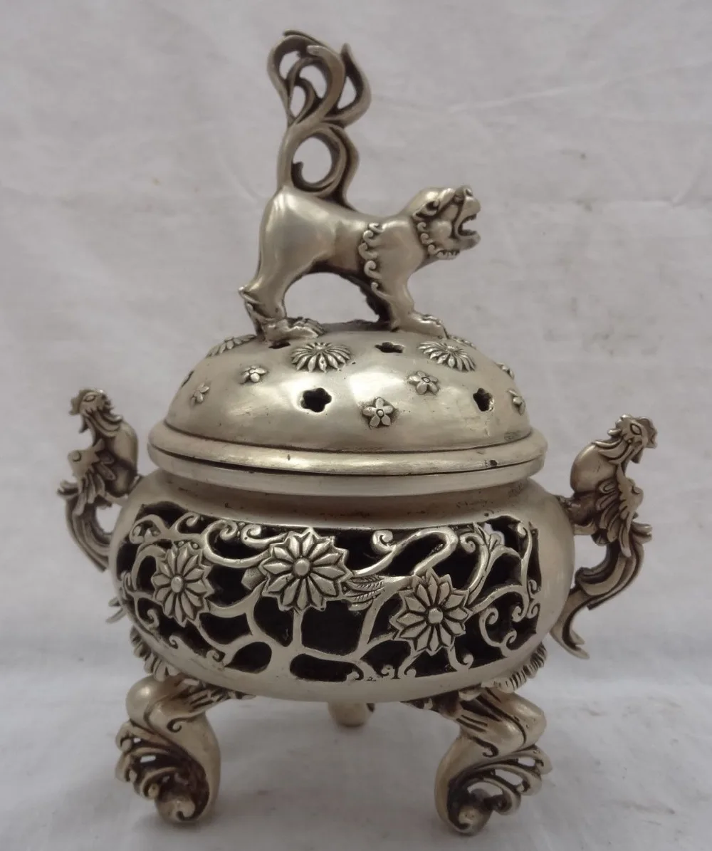 9 &quotКитайская серебряная крышка в виде льва статуя Феникса Тибетский цветок