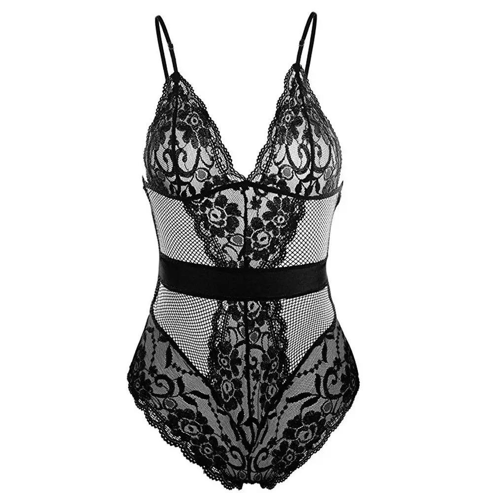 Sexy Women Floral Lace Hollow Out Twisted Lingerie Transparent Bodysuit Sleeveless V-neck Fishnet Bandage Playsuit Romper Black |