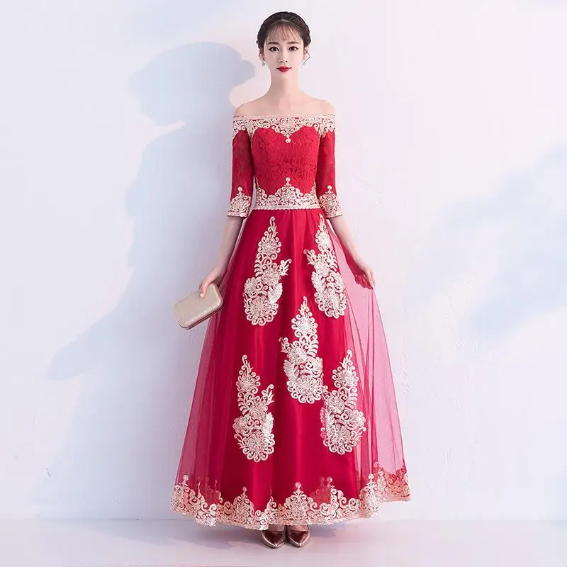 Новое поступление женское красное кружево Qipao классическое свадебное платье подружки невесты винтажные улучшенные атласные длинные платья тост одежда - Цвет: Burgundy 1