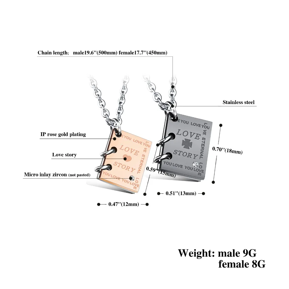 New Fashion Stainless Steel Chain Rose Gold/Black Notebook Shape Pendant Necklaces Lovers' Jewelry Valentine's Day Present XL069 |