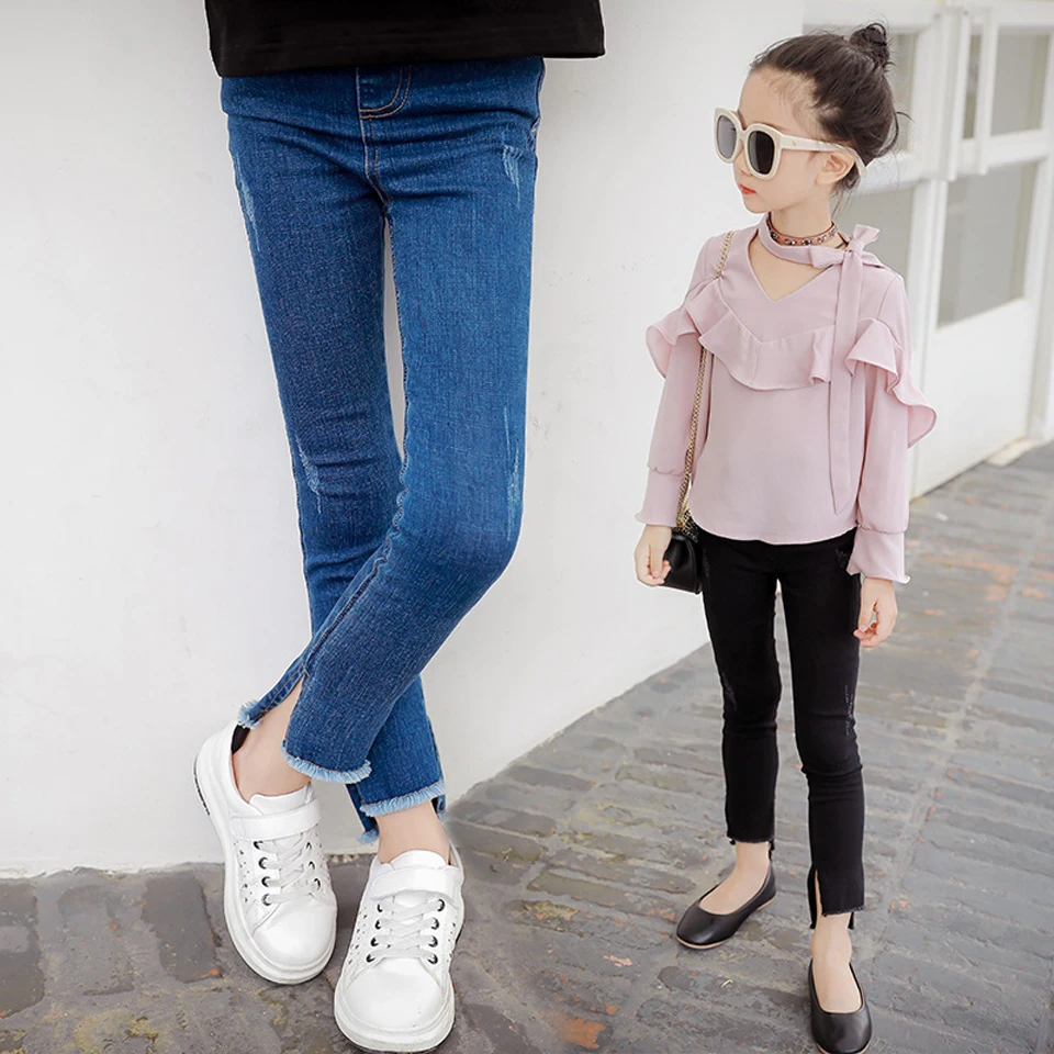 2018 новые стильные джинсы для девочек детская одежда штаны весенние брюки детские