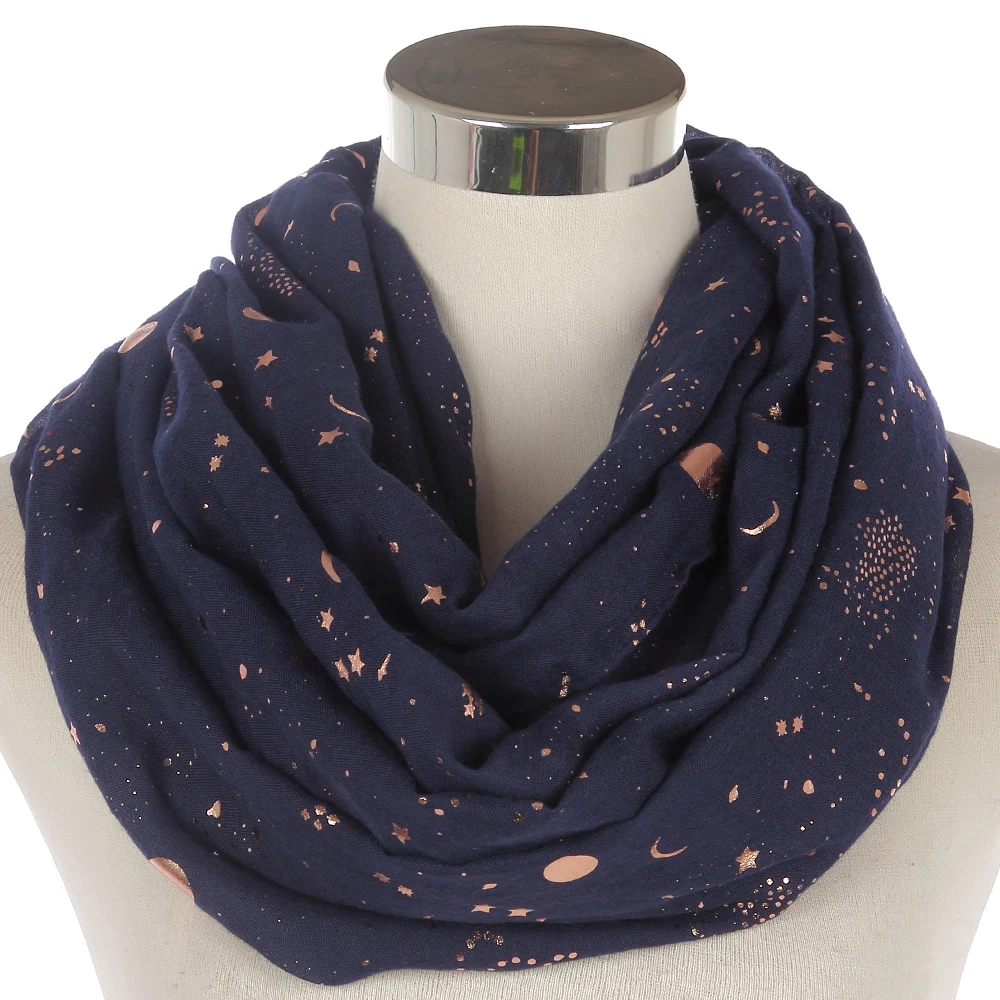 

Winfox Fashion Navy Star Moon Foil Gold Neck Snood Scarf For Women Ladies Stoles Global Glitter Round Ring Scarves Shawl