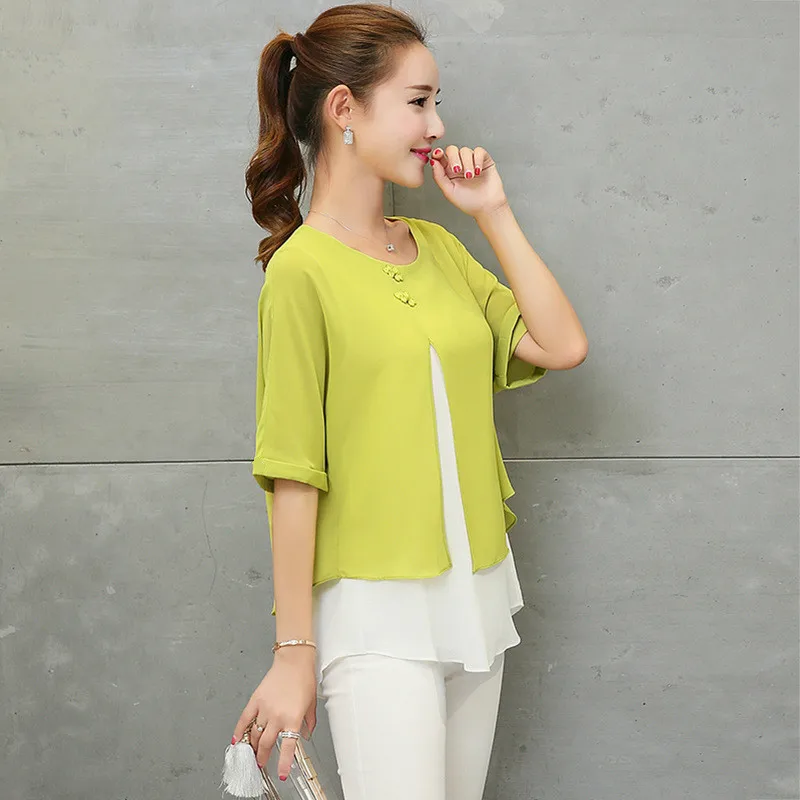 

New Fashion Summer Loose Casual Women Chiffon Blouses Shirt Batwing Sleeve Two Layer Ladies Tops Buttons Blusas Clothing