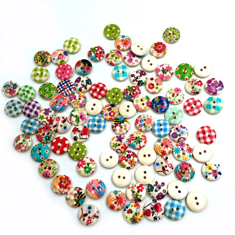 100 шт./пакет 2 отверстия смешанная печать круглые картины деревянные пуговицы для
