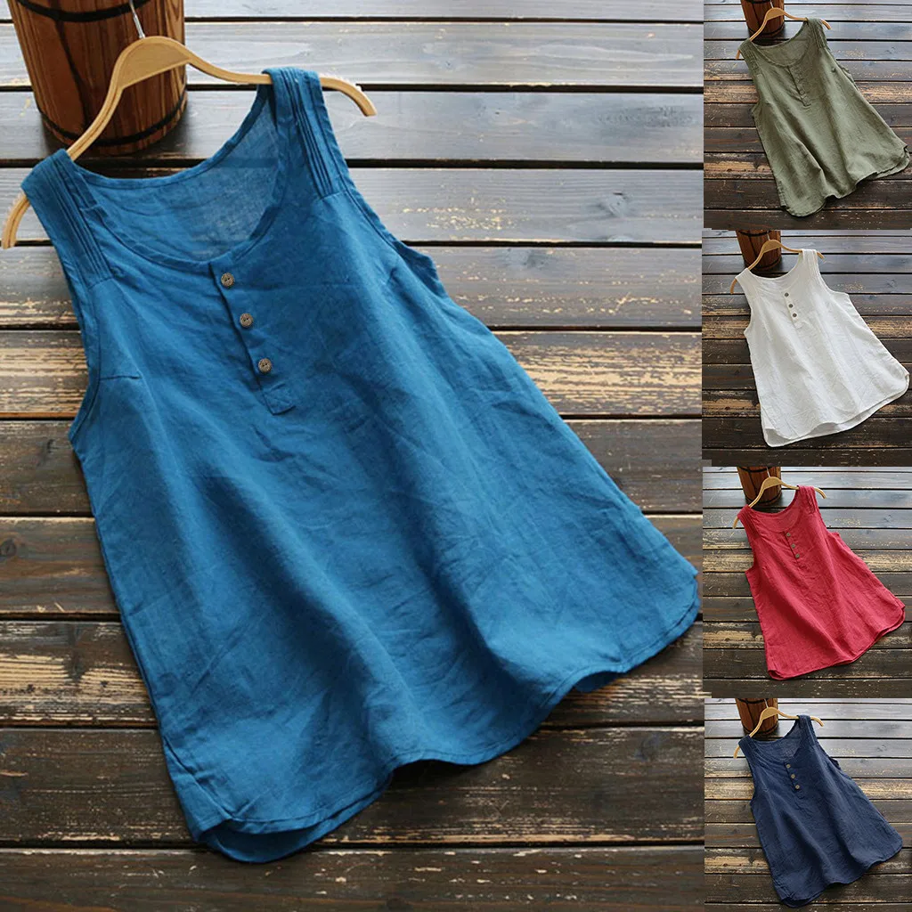 

Women Casual Plus Size Linen Tops Tee Vintage Solid Sleeveless Loose Vest Blouse