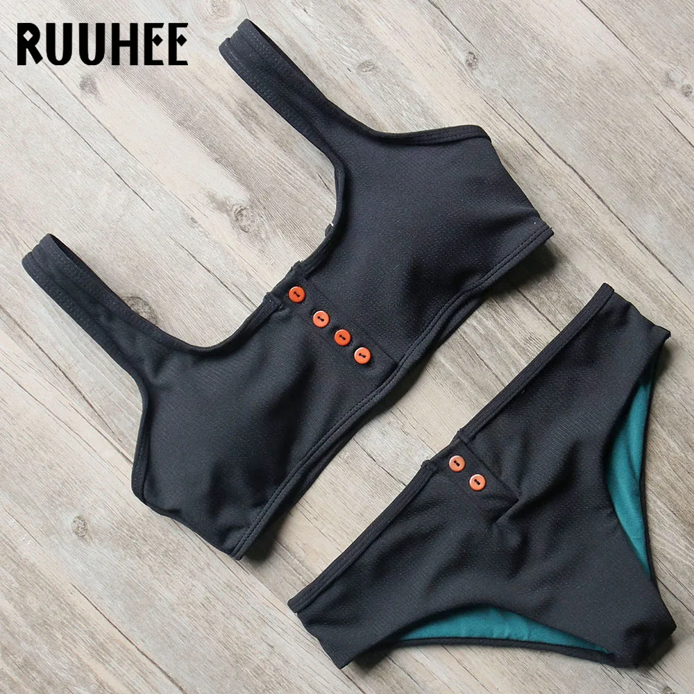 RUUHEE, бикини, купальник, Женский Одноцветный бикини, набор, купальный костюм с пуш-ап, спортивный топ,, женская пляжная одежда, купальник с подкладкой