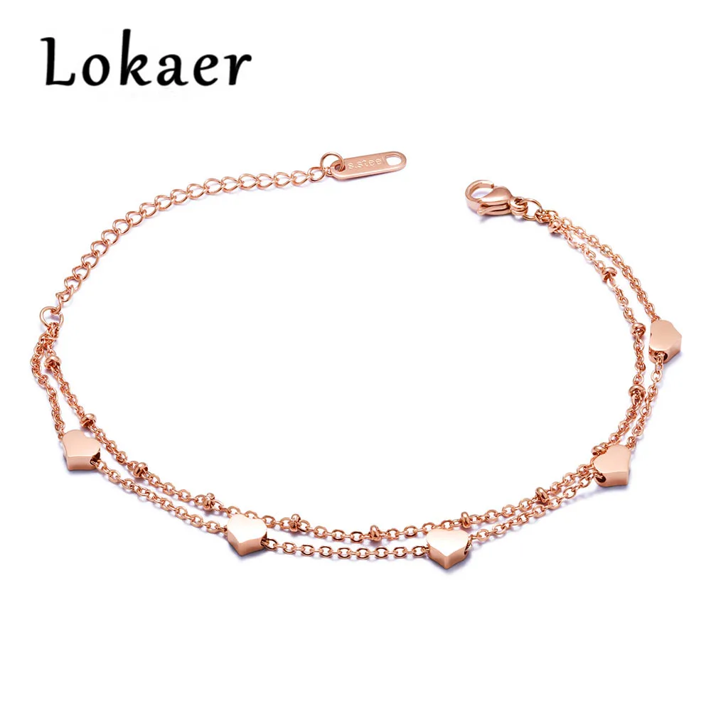 Lokaer мода милый двойной Strand любовь розовое золото цвет браслеты трендовый нержавеющая сталь браслет с сердечком ювелирные изделия LGS862