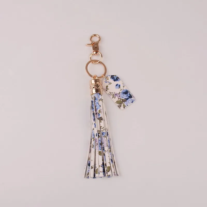 flower blue Брелок держатель Ретро ювелирные изделия многоцветный цветок монограммой длинный кожаный брелок для ключей с кисточкой, на сумку кулон брелок для автомобильных ключей, брелок с принтом - Цвет: flower blue