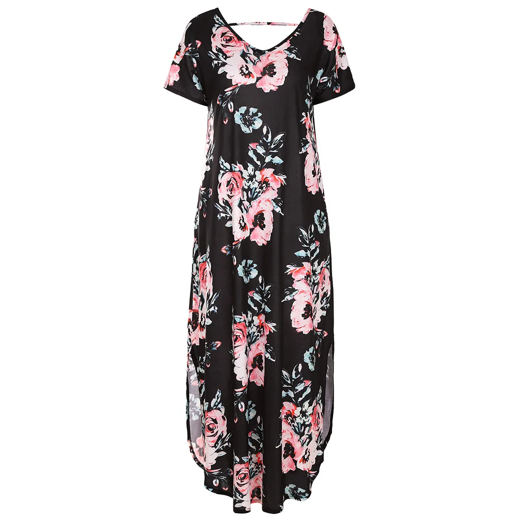 Женское трикотажное длинное платье Boho черное пляжное с короткими рукавами и